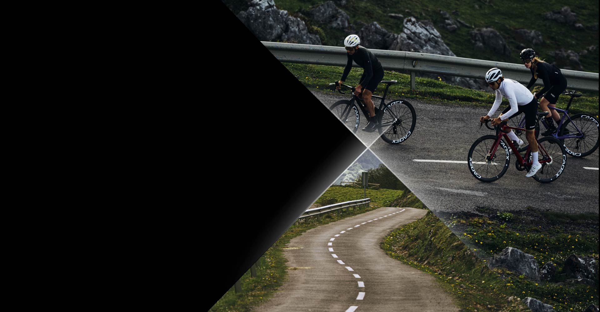 Collage of cyclists riding road bike and black background